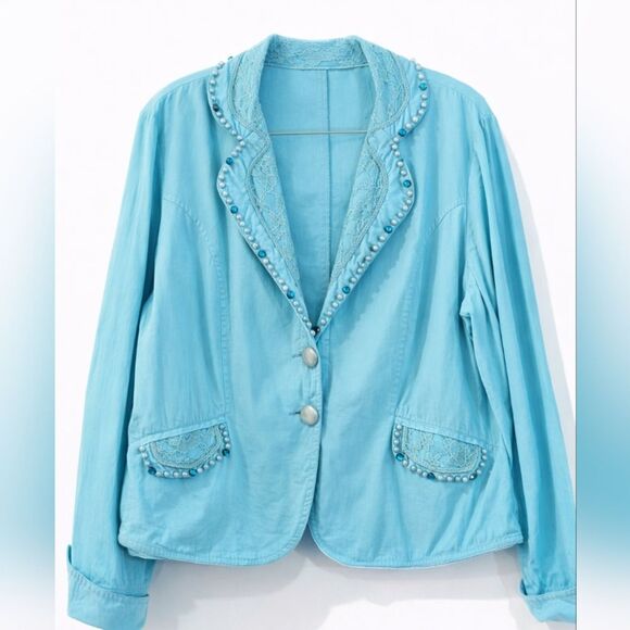 Jackets & Blazers - Vintage Resort Cottagecore Pearl Beaded Lace Blazer Jacket XL Coastal Chic Aqua
